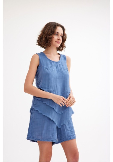 Pamuk Müslin Üçgen Bluz - Şık Ve Rahat Yaz Tasarımı Mavi