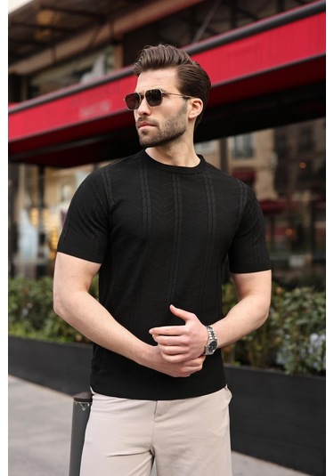 Siyah Bisiklet Yaka Slim Fit Triko Erkek Tişört E7466