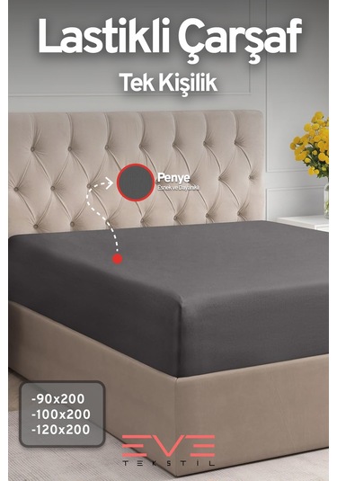 Eve Tekstil Fitted Yüksek Kaliteli Penye Kumaş Tek Kişilik Lastikli Çarşaf Koyu Gri