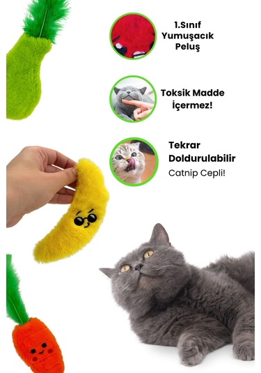 Miyav Çılgın Manav- 4 Adet Peluş Kedi Oyuncak Seti 8 Adet Catnip