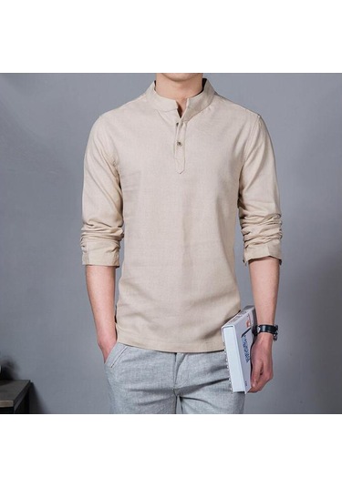 Rahat Up Polo Gömlek Erkekler Moda Uzun Kollu Mandarin Yaka Gömlek Erkek Rahat Keten Gömlek Adam Artı Beyaz Haki