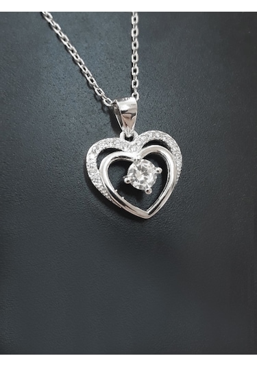 Brezza Lusso Jewelry Gümüş Çift Kalp Tektaş Kadın Gümüş Kolye 45 CM