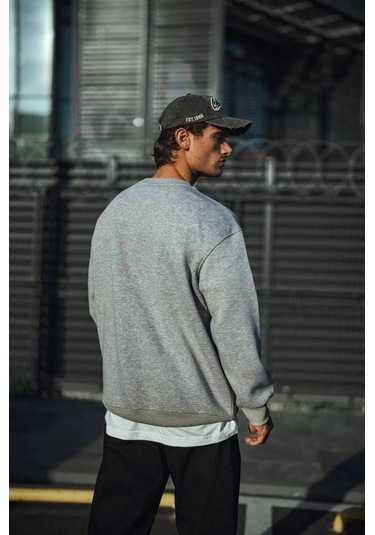 Kışlık Bisiklet Yaka Üç İplik Basic Sweatshirt - Gri Siyah