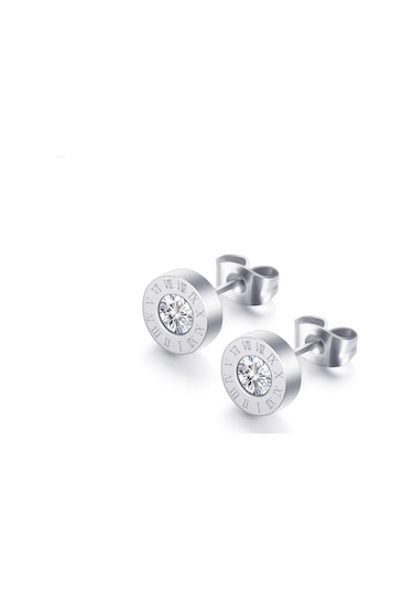 Ehediye Chavin Roma Rakamlı Tek Taş Gri Çelik Bayan Küpe Eg59By