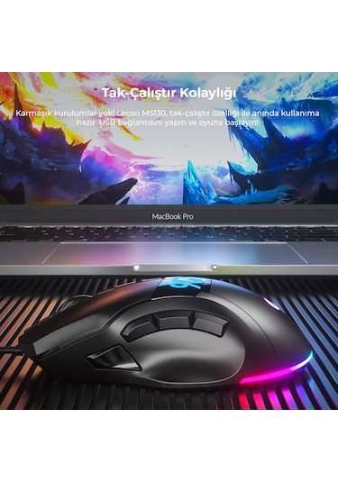 Lecoo MS130 Kablolu 7200DPI 9 Makro Tuşlu RGB Gaming Optik Mouse