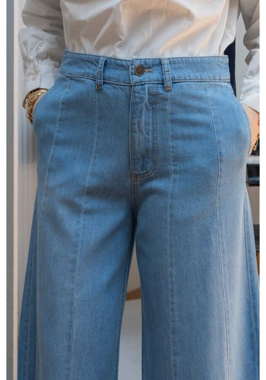 1166-parçalı Denim Bol Paça Pantolon Mavi Mavi