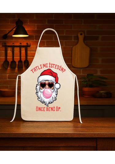 Yılbaşı Mutfak Önlüğü Yeni Yıl Noel Baba Beni Öp Tasarımlı Önlük Çok Renkli