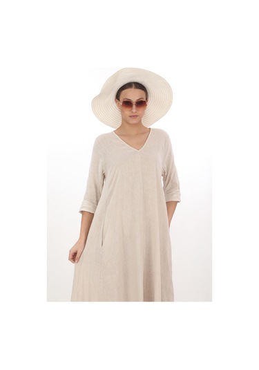 İtalyan V Yaka Uzun Kol Keten Elbise-8907 KREm Krem