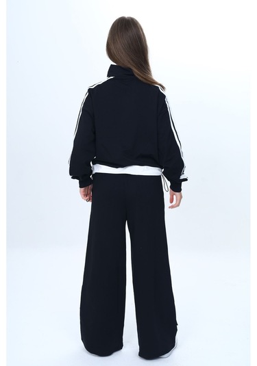 Kız Çocuk 2 İplik Yarım Fermuarlı Garnili Eşofman Takımı %100 Pamuk Rahat Kalıp-325 Siyah