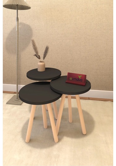 3'lü Zigon Sehpa Seti Saksılık Ve Çiçeklik Standı, Dekoratif Yan Sehpa Ahşap Ayaklı 33 Cm Çap - Siyah Siyah