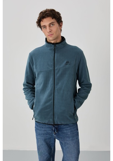 Tommy Life Petrol Yazı Nakışlı Dik Yaka Fermuarlı Standart Kalıp Erkek Sweatshirt Polar - 87992 PETROL