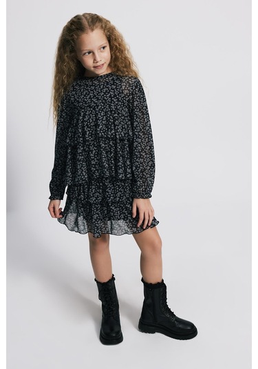 Kids Girl Çiçekli Fırfırlı Tül Mini Siyah Etek Siyah