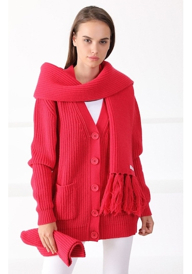Ferraro Adda Kuzu Yünü Oversize Kadın Triko Hırka Tarçın