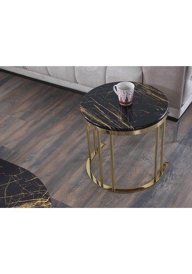 Premium Oval 2+1 Coffee Table Membrane Mdf Orta Sehba Lüx Zarif Tasarım Premium Siyah Gold
