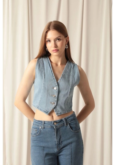 Saklımoda Denim Kumaş Kadın Mavi Kot Yelek Çok Renkli