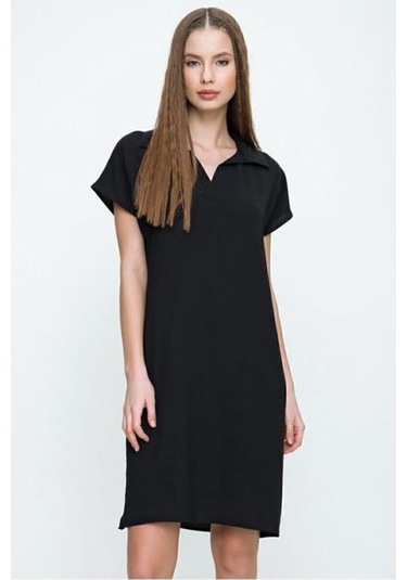 Kadın Bol Kesim Polo Yaka Kısa Kollu Günlük Kısa Midi Elbise Dizüstü 2883200 Siyah