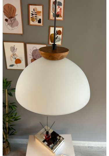 Perry Beyaz Cam Tekli Avize Ahşap Tabak Başlık Retro Sarkıt Lamba Restoran Salon Aydınlatma Beyaz