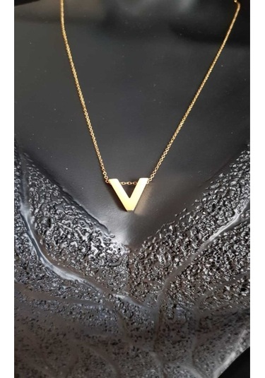 Vog Kişiye Özel Üç Boyutlu Çelik V Harf Sarı Renkdeniz Ve Havuz Suyuna Dayanıklı Paslanmaz Kolye Sarı