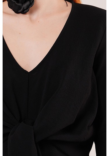 Ahes Shopping Ön Bağlamalı Volan Kol Siyah Bluz Siyah