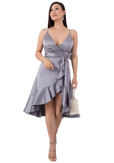 Askılı Eteği Detaylı Abiye Elbise