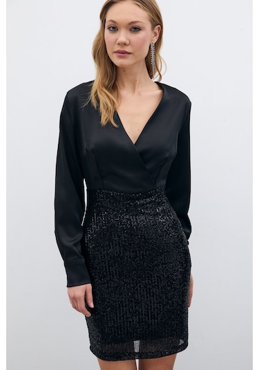 Sateen Payet Detaylı Saten Elbise - Siyah-135687 Siyah