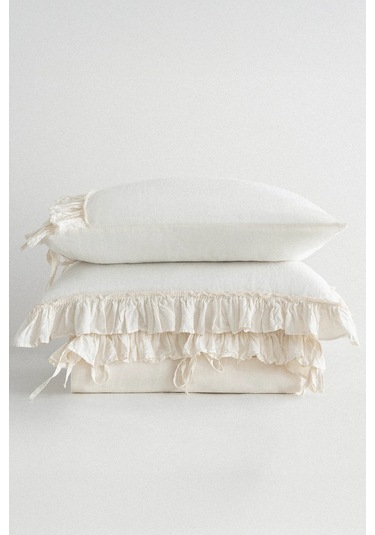 Ecocotton Miranda Krem Çift Kişilik Keten Nevresim Takımı Krem