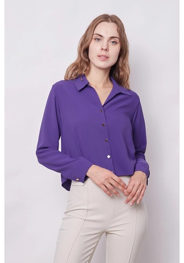 Kadın Likrasız Şık Kumaş Yakalı Uzun Kol Kısa Gömlek-eflatun Eflatun