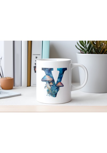 V Baş Harfi Fantastik Mantarlı Kupa Bardak - Kişiye Özel Masalsı Bardak - Hediye Beyaz