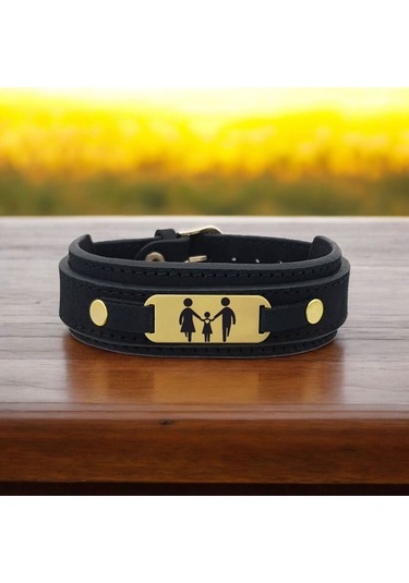 Archin Aile Temalı Oval Motifli 14 Ayar Altın Plakalı Doğal Siyah Derili Hediye Bileklik-438sembol Aile