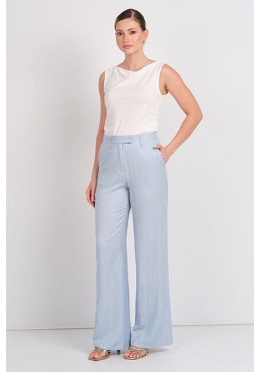 Ayhan Kadın Çizgili Cepli Keten Pantolon 1197 Mavi Mavi