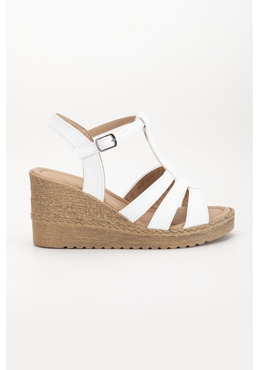 Kadın Dolgu Topuk Sandalet Ayakkabı Beyaz 3 Bantlı Baretli-3938 Beyaz