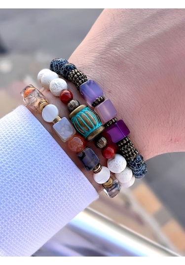 3.lü Doğal Taş Damarlı Akik,firuza Ve Jasper Taşı Doğaltaş Bileklik Mdl189188187 Çok Renkli