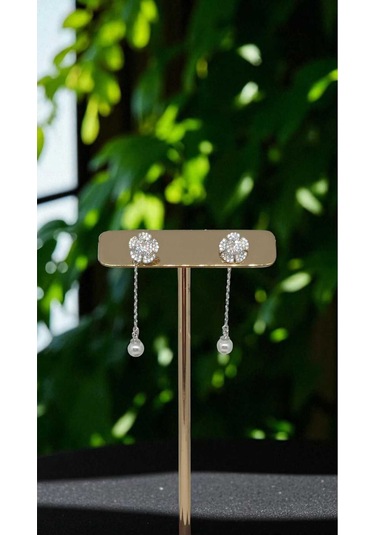 925 Ayar Taşlı Çiçek Figürlü İnci Sallantılı Gümüş Küpe Zarif Ve Işıltılı Tasarım Gümüş