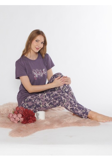 Kısa Kol Viskon Pijama Takımı Yazlık Viskon Dowry 08-129 Mor