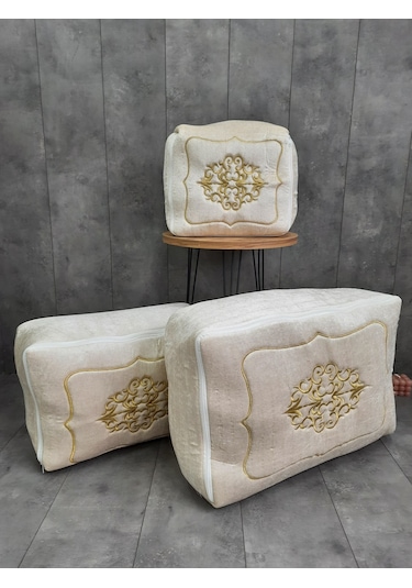 Rumeli Vizon Üzeri Goldnakışlı Çeyizlik 3'lü Hurç Seti, Düğün Nişan, Söz, Bohça, Gelin, Damat, Hurcu Krem