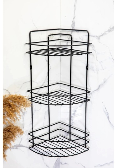 Banyo Köşe Rafı 3 Katlı Siyah Şampuanlık Hem Vidalı Hem Yapışkan Stickerlı Siyah Çok Renkli