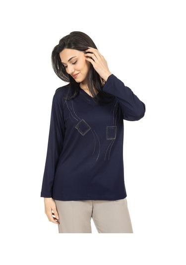 Kadın Orta Yaş Ve Üzeri Yeni Model V Yaka Taş İşlemeli Anne Penye Bluz 30560-lacivert
