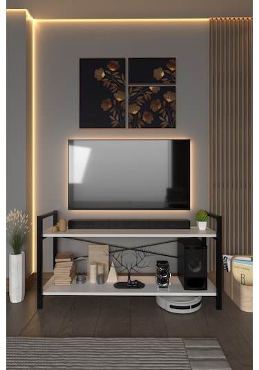 Exen Tv Ünitesi Dekoratif 2 Raflı Metal Ayaklı Tv Sehpası Beyaz