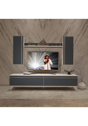 Decoraktiv Eko 5d Mdf Std Retro Tv Ünitesi Tv Sehpası - Beyaz Antrasit Beyaz - Antrasit