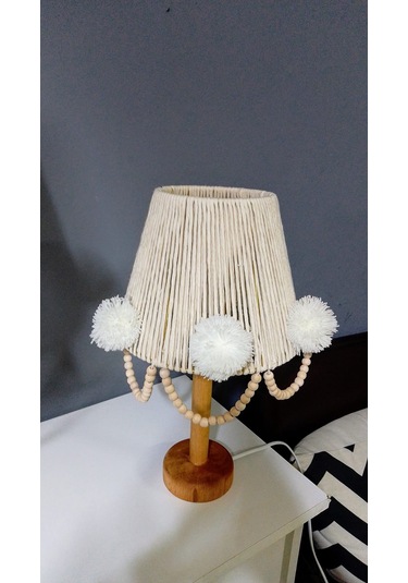 Makrome İp Sargılı Avize Abajur Set Çocuk Odası Avize Bebek Odası Avize Ponpon Boncuk Ekru