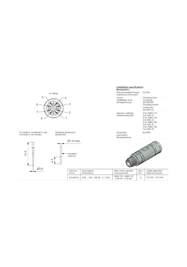 M12 8 Pin X Kod Erkek Düz Konnektör Conec 43-00418