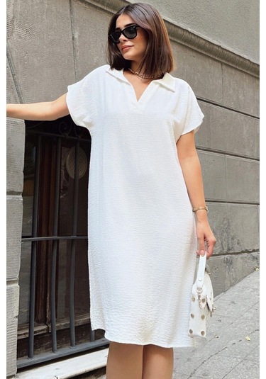 Ekru Kısa Kol, Polo Yaka, Dokulu Kumaş, Basic Kalıp/kesim, Aerobin Rahat Midi Elbise Ekru