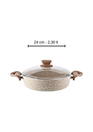 Diez 24 Cm Granit Basık Tencere Cappucıno Yapışmaz Karnıyarık & Pilav Tenceresi Cam Kapaklı