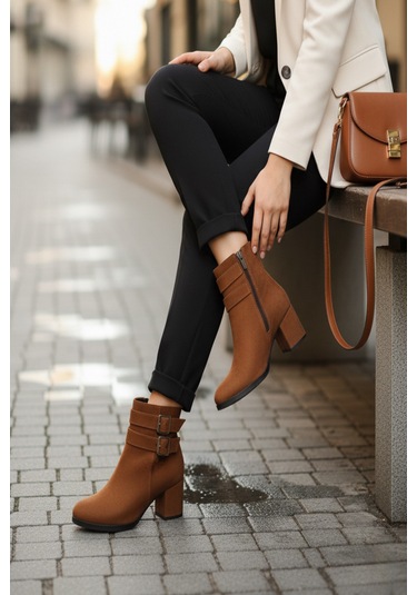 Kadın Hermina Çift Tokalı Kısa Bot Taba Süet