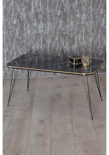 Zigon Sehpa Ve Orta Sehpa Kr Set Siyah Tel Ayak Çift Altın Bendir