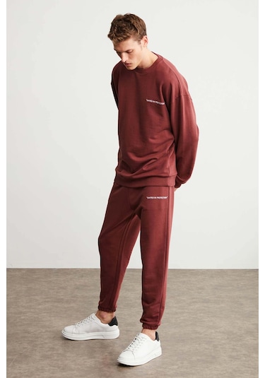 Marshall Erkek Pamuklu Içi Polarlı Nakışlı Relaxed Bordo Eşofman Takımı