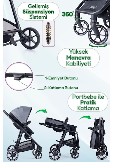 Prego Stein Çift Yönlü Portbebeli Travel Sistem Bebek Arabası Uv Tenteli
