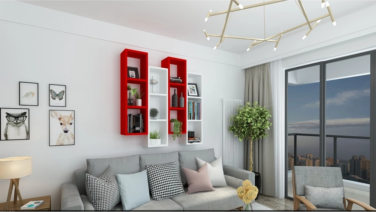 Kitaplık Modern Ev Duvar Rafı Kırmızı Beyaz 4 Lü Takım Kırmızı-beyaz