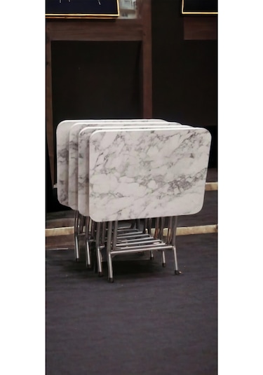 Harmony Katlanabilir Beyaz Mermer Zigon 4'lü Sehpa Takım Paslanmaz Gri Metal Ayaklı Mermer Beyaz