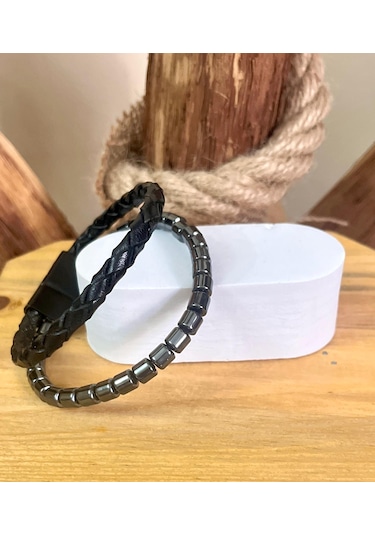 %100 Deri&hematit Kombin Erkek Bileklik Net 23cm Türk El Üretimi Siyah - Gri